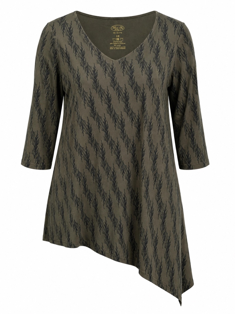 Bamboo/Cotton Blend Tunic Top Blue Sky Clothing Olive Green Botanical Print 2X